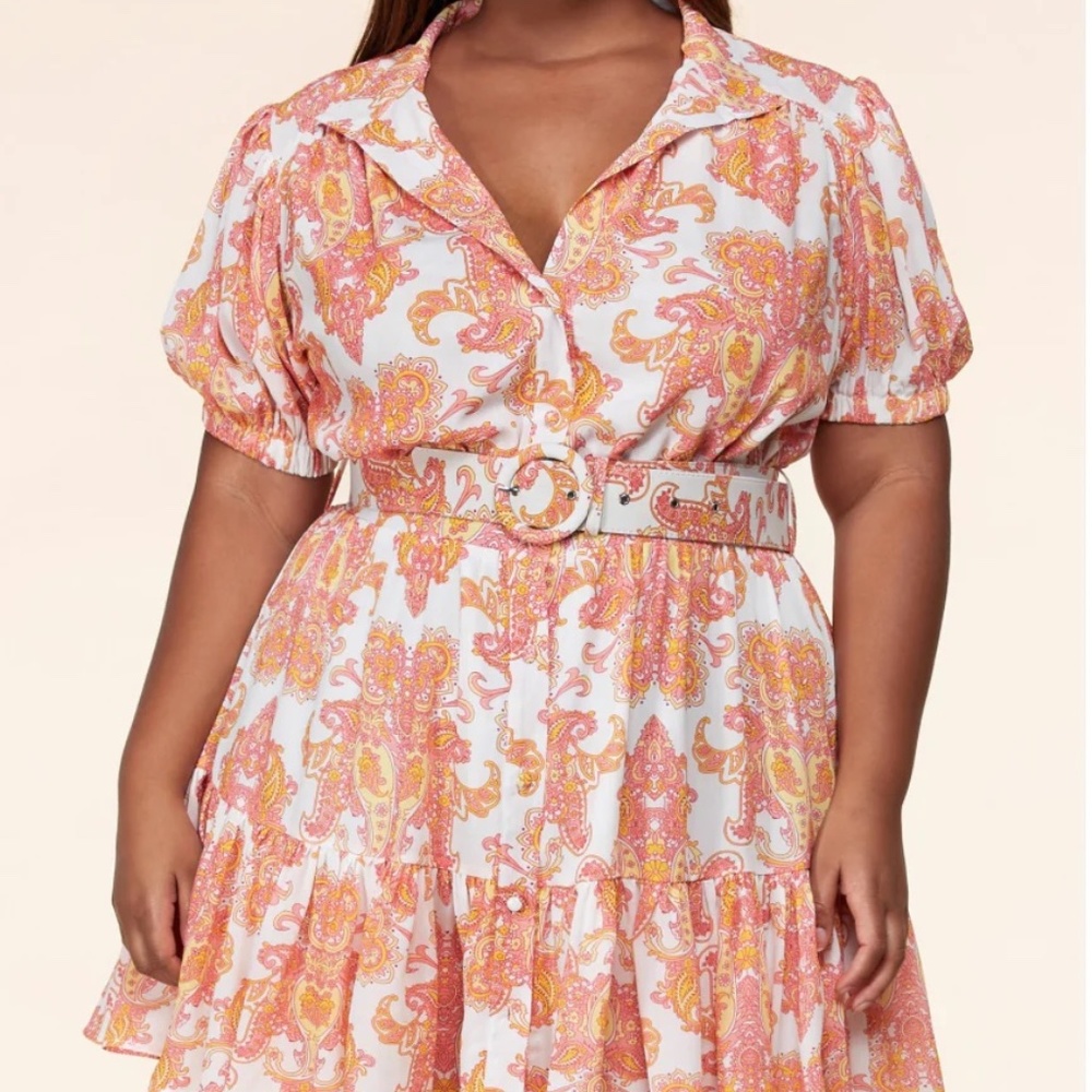 L'ATISTE Paisley Print Mini Dress Puff Sleeves and Matching Belt